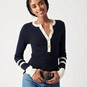 FAHERTY Mikki Coasta Colorblock Navy Blue White Cotton Cashmere Blend Sweater M